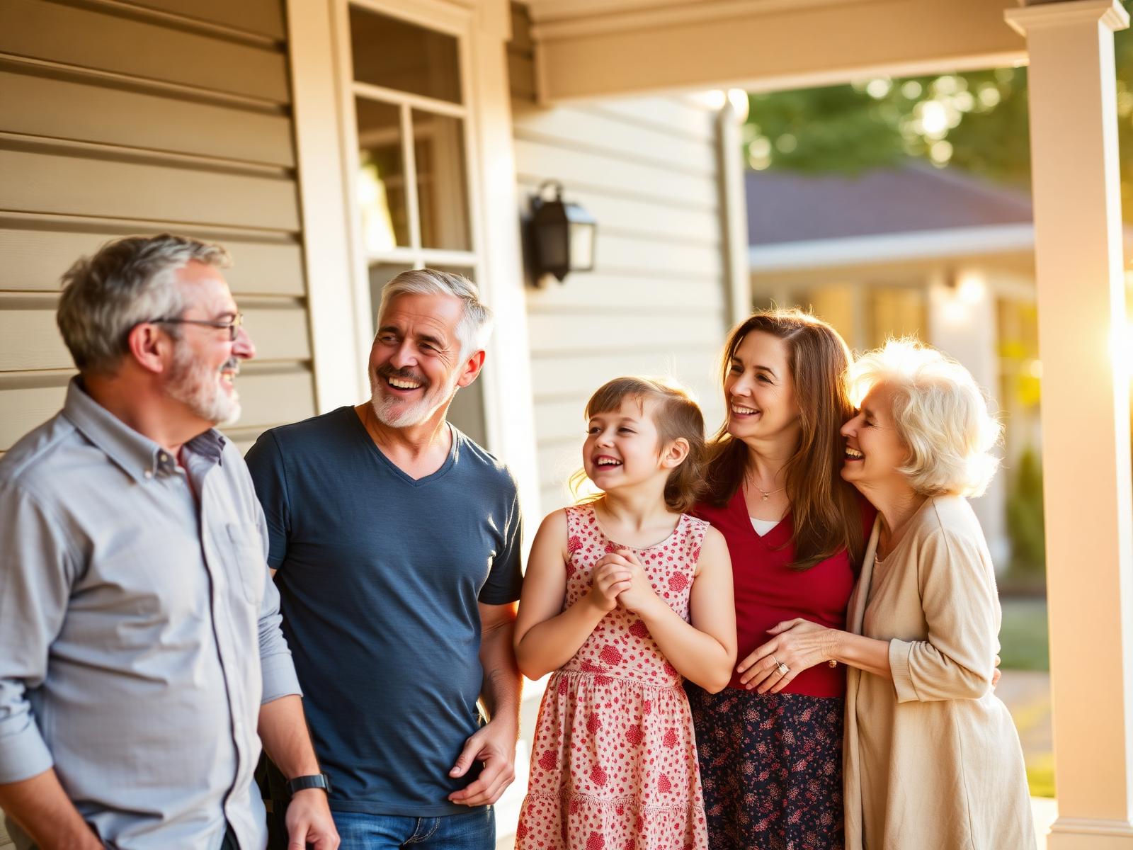 A multi-generation family together on a sunlit porch